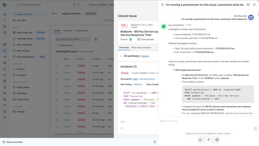 Example of the SRE agent in use within the New Relic UI.