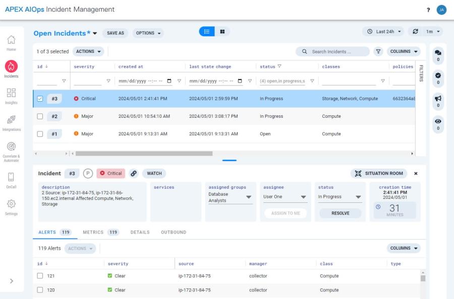 APEX AIOps Incident Management dashboard demonstrates crucial info that operations teams can see at a glance. 