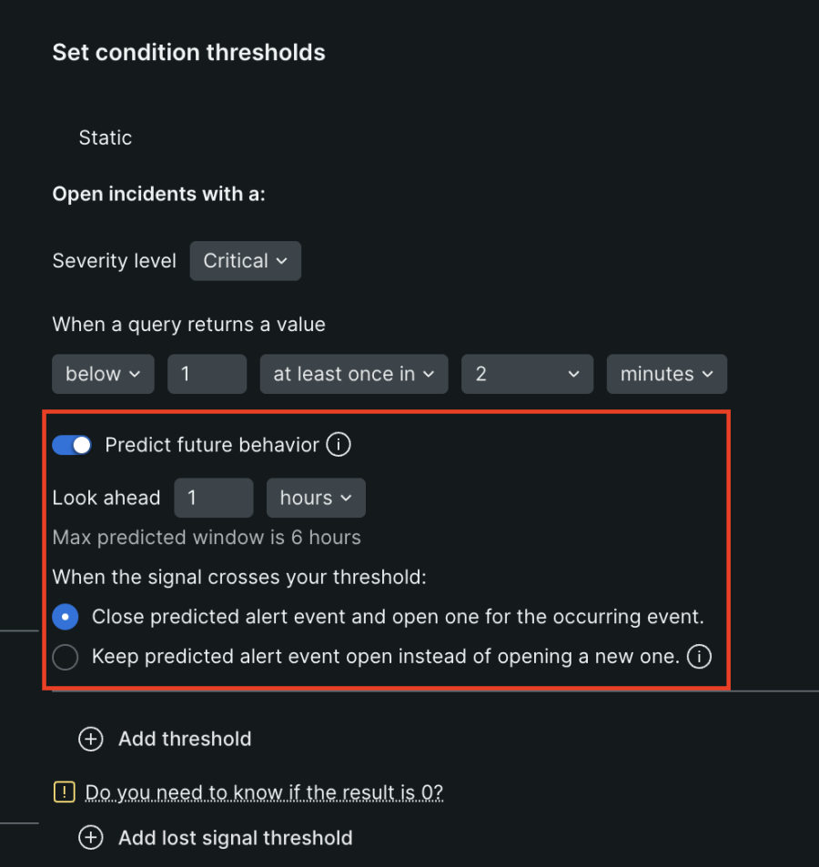 An example of New Relic’s predictive alert settings in use