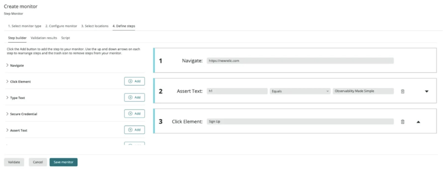 An image showing how to create a monitor using a step monitor from New Relic.