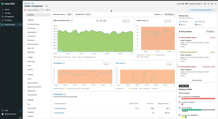 New Relic APM monitoring lets you view multiple services on one dashboard. 