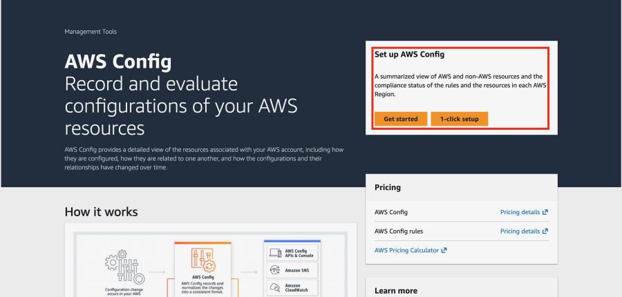 AWS Config management console shows messages and buttons to prompt users to setup AWS Config in this AWS region