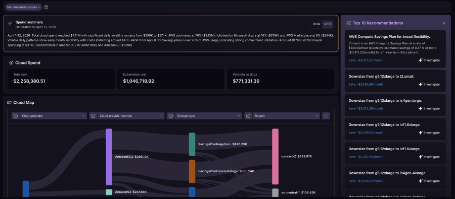 Cloud spend dashboard with analysis summary powered by New Relic AI