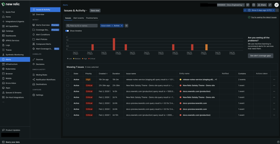 New Relic’s issue alert feed, listing active issues and their priority, date created, and duration