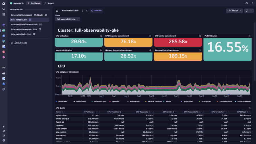 A customizable dashboard view in Dynatrace’s Kubernetes monitoring tool (Source: Dynatrace) 