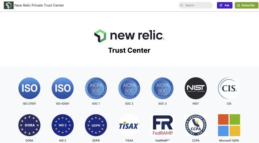 New Relic Trust Center interface