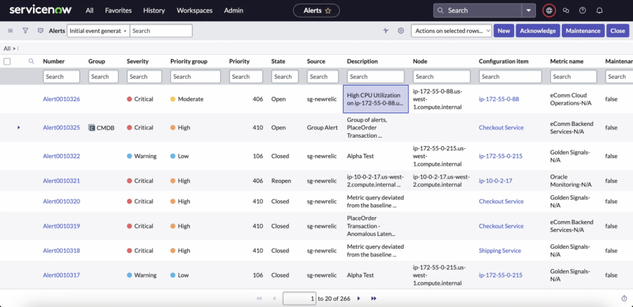 New Relic alerts surfacing in ServiceNow with CI records attached. No manual mapping.