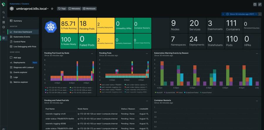 New Relic dashboard displays the health of Kubernetes clusters