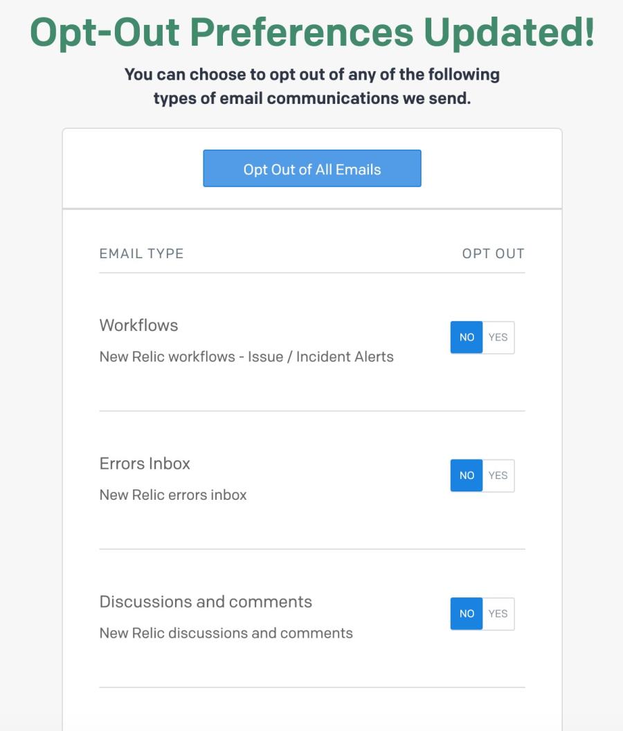 Successful update of email unsubscribe setting