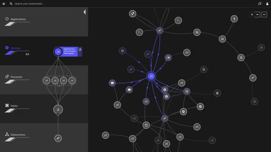 Dynatrace Smartscape view shows service dependencies, infrastructure relationships, and topology mapping