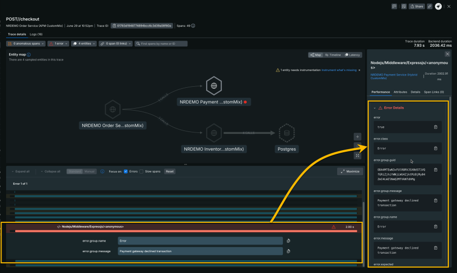 Errors captured with OTel APIs