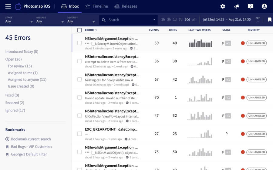 Bugsnag UI shows mobile app crash reporting, error grouping, issue severity, and user impact metrics
