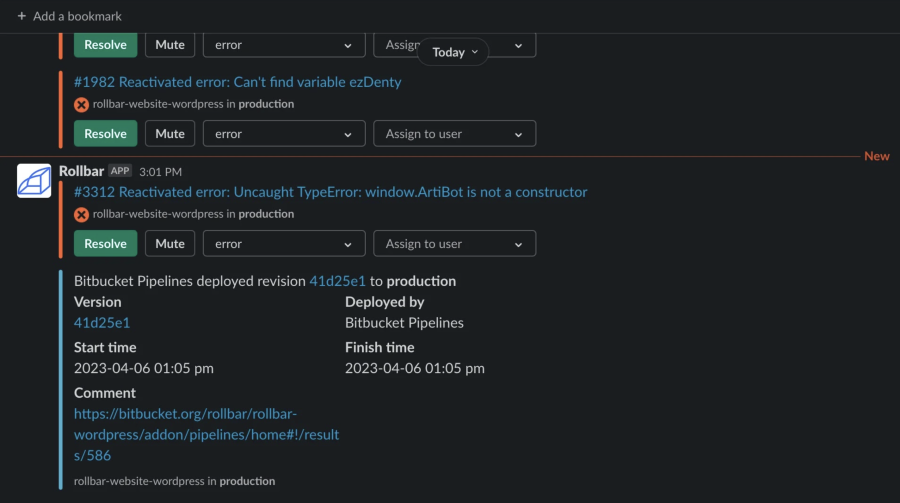 Rollbar integration with Slack shows real-time error tracking, deployment monitoring, production alerts, and issue triage workflows