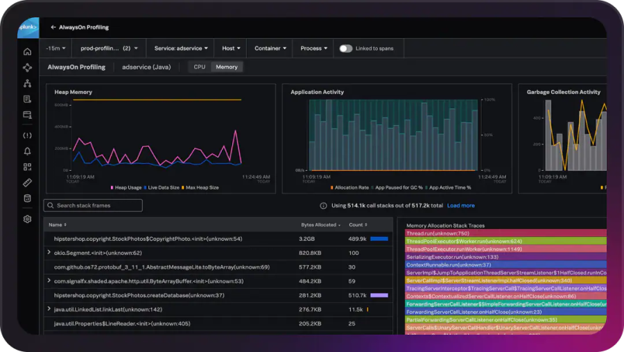 Splunk Observability dashboard shows application profiling, memory usage, and performance monitoring metrics