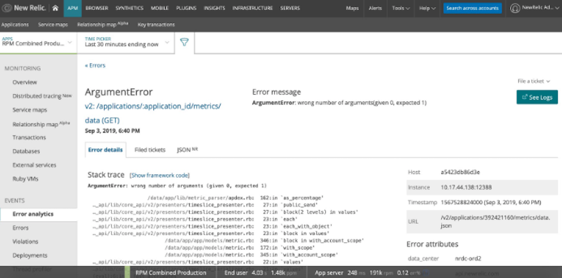 New Relic error details screen showing an ArgumentError, stack trace, and a button to view related logs