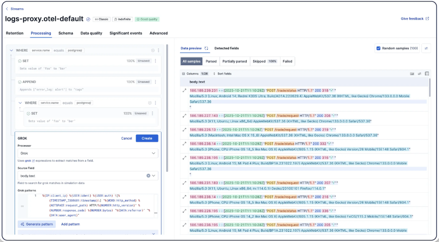 A screenshot of a log stream processing dashboard interface, showing a data preview panel of incoming HTTP request logs alongside configuration options for defining conditional processing rules, variables, and Grok parsing patterns.