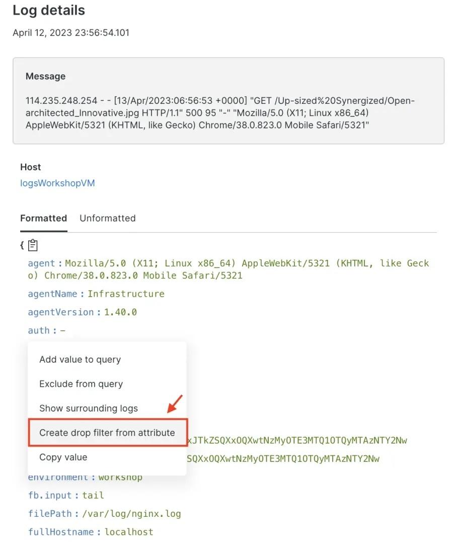 Screenshot of a New Relic log details panel with a dropdown menu open, highlighting the option to create a drop filter