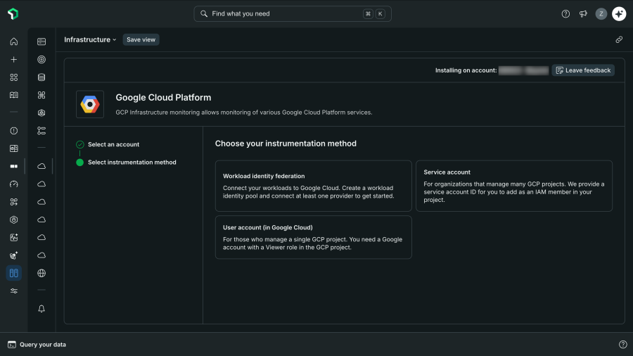 Google Cloud Platform integration setup menu