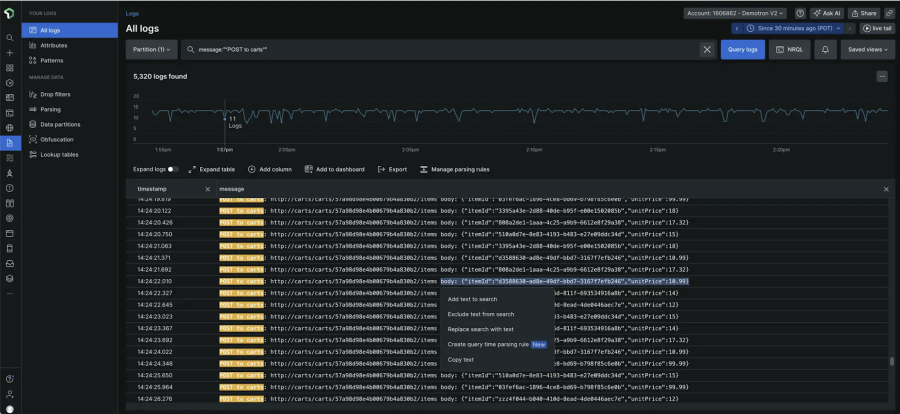 Screenshot of the New Relic logs UI with a context menu highlighting the "Create query time parsing rule" option