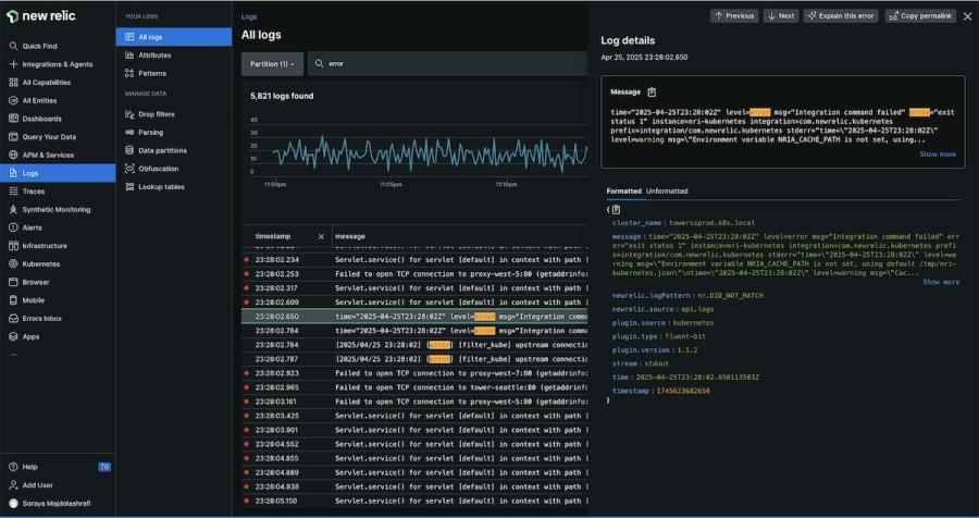 New Relic dashboard showing automated log pattern clustering and anomaly detection to reduce alert fatigue