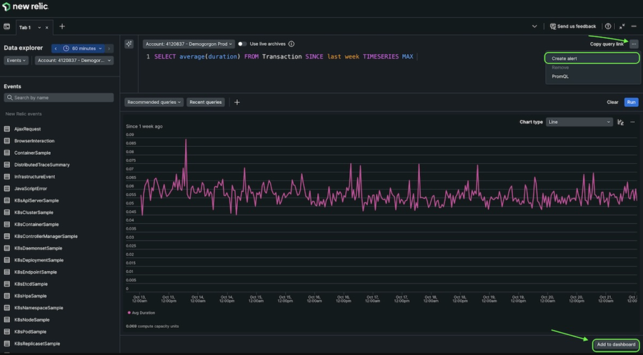 Screenshot of the New Relic query builder interface showing an NRQL query alongside a data visualization preview