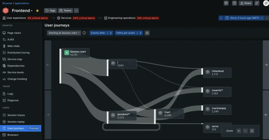 New Relic user journey dashboard shows customer paths across pages, checkout flows, and application interactions