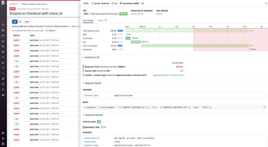Datadog synthetic monitoring dashboard shows API response times, test assertions, and checkout workflow alerts