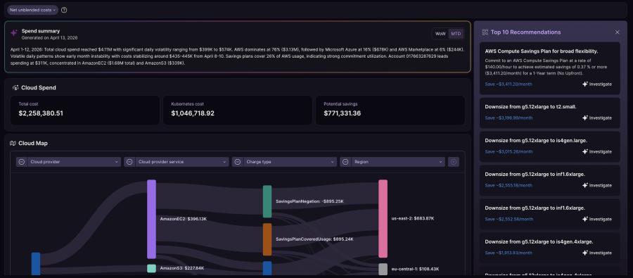 New Relic Cloud Cost Intelligence dashboard with a summary, multi-cloud cost maps, and optimization recommendations
