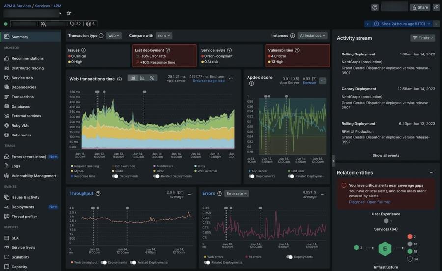 New Relic APM Summary dashboard showing web transaction time, throughput, error rates, Apdex scores, and deployment logs