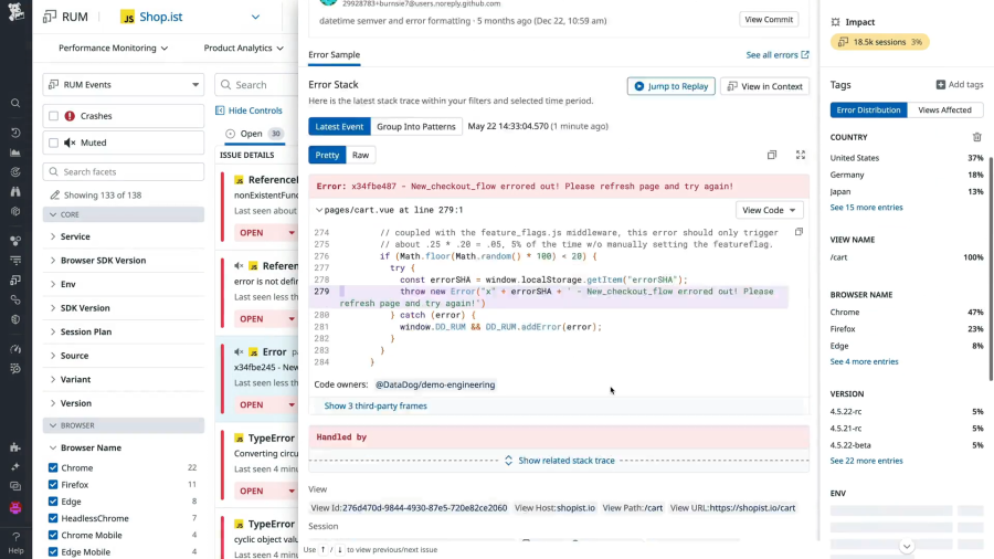 A look at error stacks within Datadog’s Real User Monitoring, showing latest events and other details