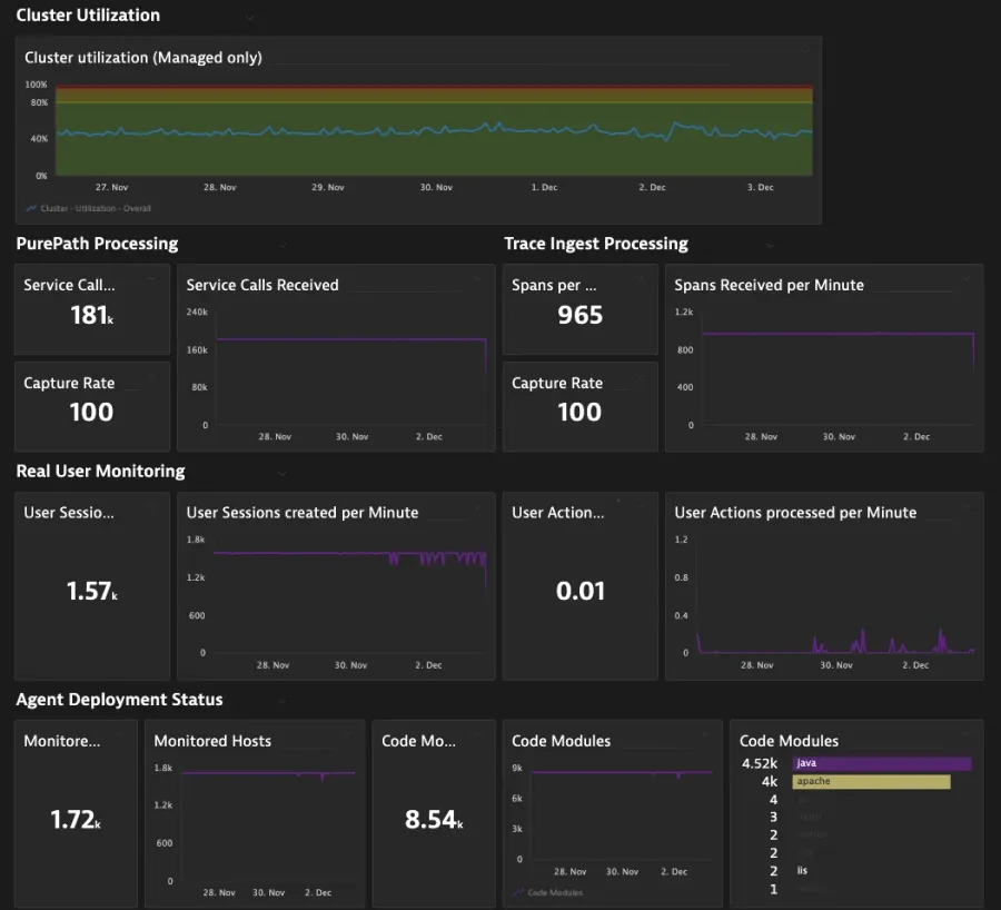 Dynatrace’s cluster utilization dashboard, showing details on service calls, user sessions, and agent deployment
