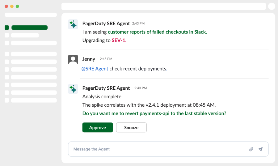 An illustration of PagerDuty’s SRE Agent at work, automatically detecting, analyzing, and solving issues