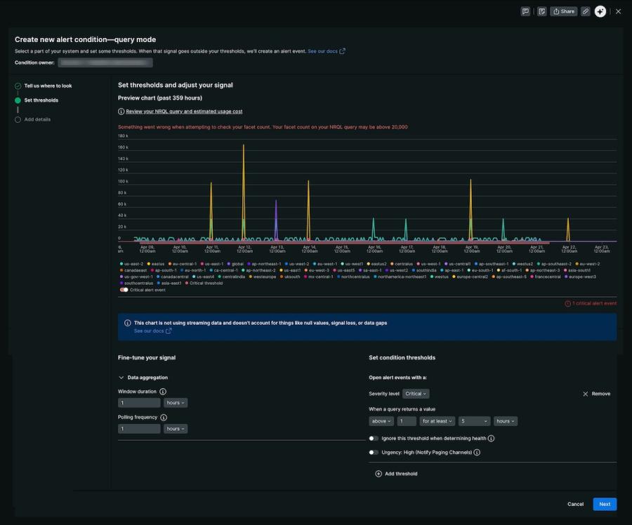 Configuring a query-based cost alert threshold in New Relic to route real-time spend anomalies directly to engineering teams