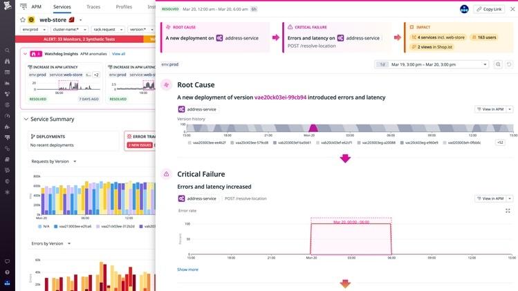 Datadog APM dashboard displaying end-to-end distributed trace flame graphs and service execution breakdown