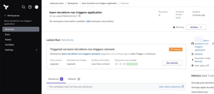 HCP Terraform workspace overview showing latest run status, planned infrastructure changes, and execution metrics