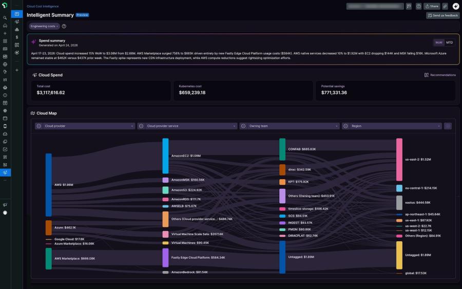 New Relic Cloud Cost Intelligence dashboard displaying cloud spend trends, cost drivers, and anomalies