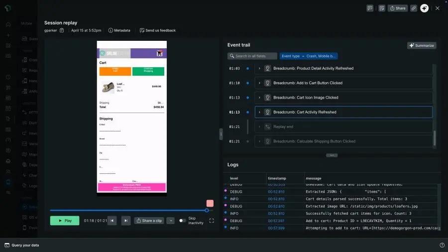 New Relic mobile session replay interface displaying user interaction paths alongside core app performance metrics