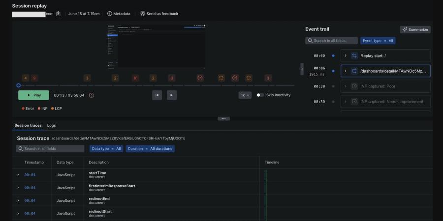New Relic Session Replay interface showing a user session playback timeline plus an Event Trail and correlated session traces