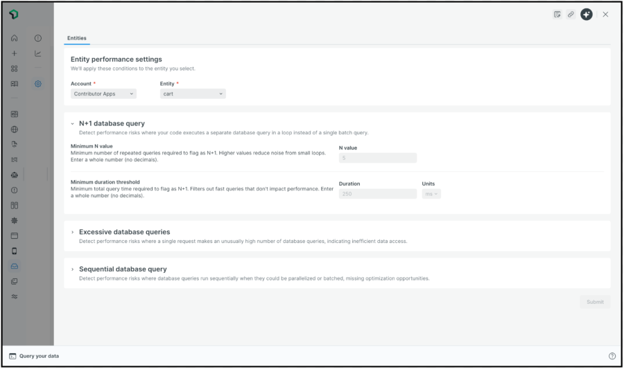 The "Account" is set to "Contributor Apps" and the "Entity" is set to "cart"