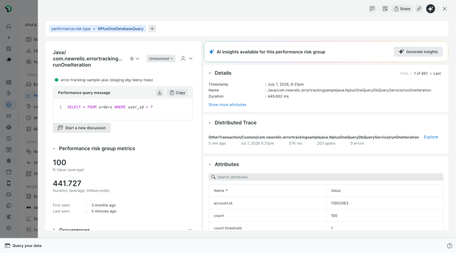 Observability dashboard showing a Java performance-risk group, distributed trace details, metrics, query text, and attributes in a technical interface.