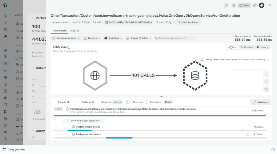 Observability dashboard showing a service trace: 101 calls flow from an application to a database, with latency metrics and timeline bars.