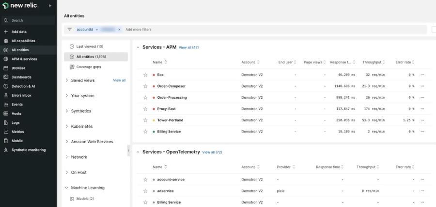 New Relic entity dashboard filtering APM and OpenTelemetry services using an account ID metadata filter
