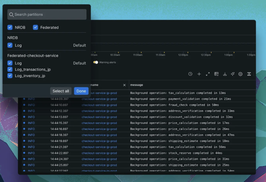 New Relic interface showing centralized log search across multiple sources in a single view.