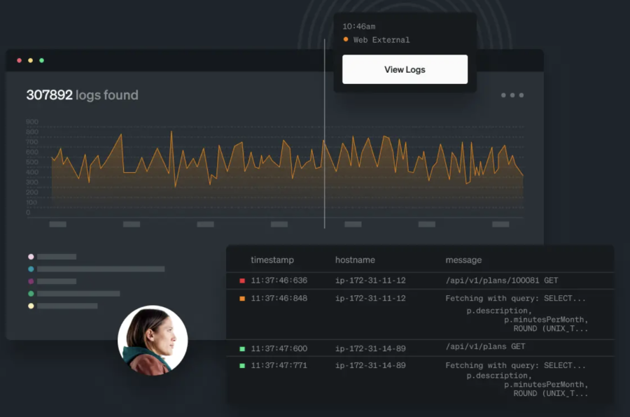 New Relic log analysis view showing searchable logs, timestamps, and events for incident investigation