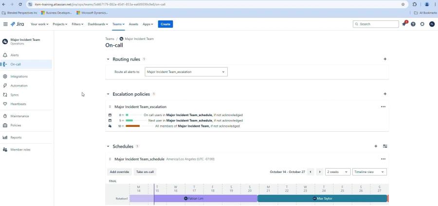 Jira Service Management showing routing rules, escalation policies, and an on-call schedule
