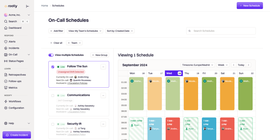 Rootly dashboard showing an on-call schedule with engineers assigned to rotations 