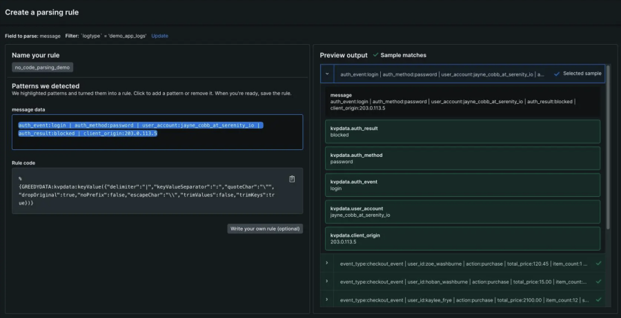 New Relic parsing rule converting raw log messages into structured fields for querying and analysis