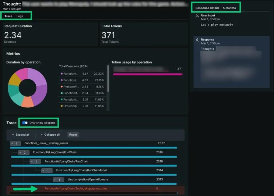 New Relic AI monitoring trace view with request duration, token usage, response details, and LangChain function-call spans