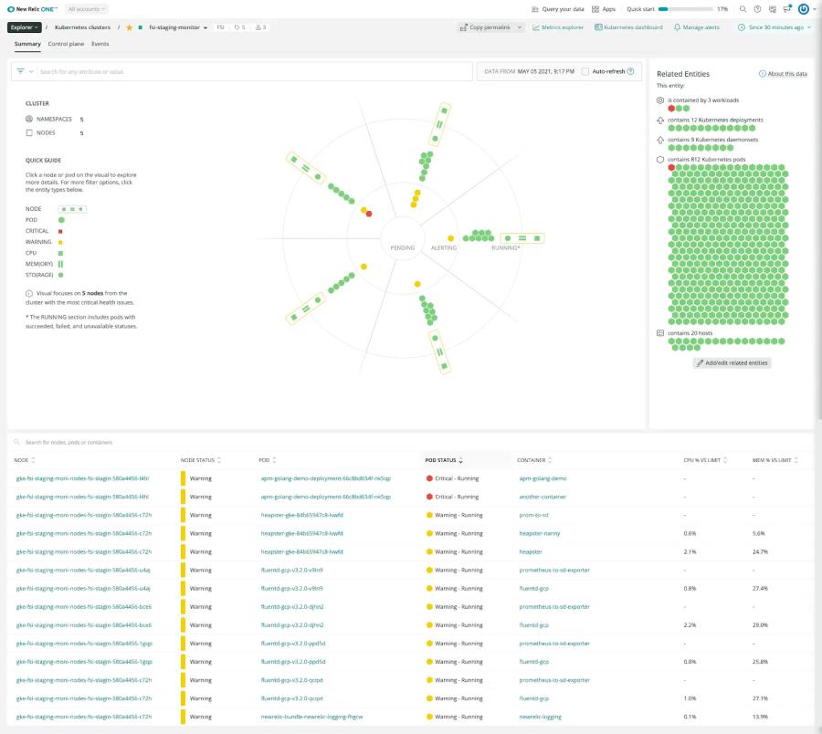 New Relic dashboard showing Kubernetes cluster health and topology with real-time status indicators, pod and container metrics.