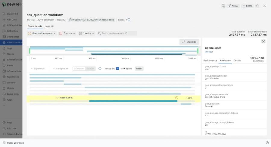 New Relic OpenTelemetry trace view for an AI workflow, showing nested spans, an OpenAI chat operation, and timing details